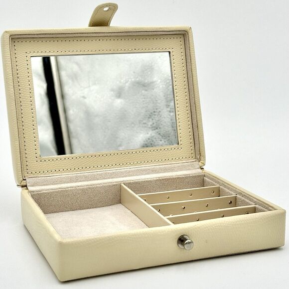Pottery Barn McKenna Jewelry Box Travel Case 6.5” x 5” x 2” Cream Color Faux - Picture 1 of 12